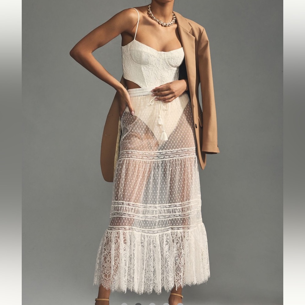 NWT Anthropologie Sheer Lace Maxi Skirt White Size XL